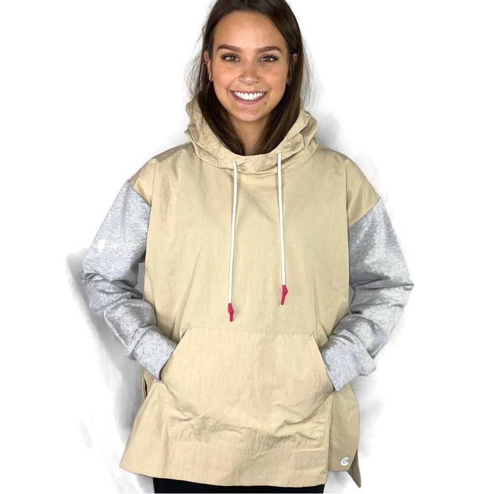 Calme by Johnny Was Tan Mix Nylon Hooded Pullover Pockets Oversized Cozy XS